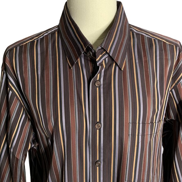 Bugatchi Uomo Button Up Long Sleeve Shirt XXL Brown Striped Flip Cuff Pocket - Picture 2 of 7